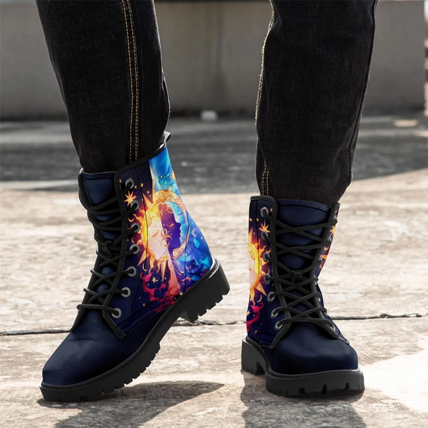 Sun and Moon Fashion Women's Ankle Boots Men's Platform Lace-up Leather Combat Booties Gift Winter Fall Dress Boots