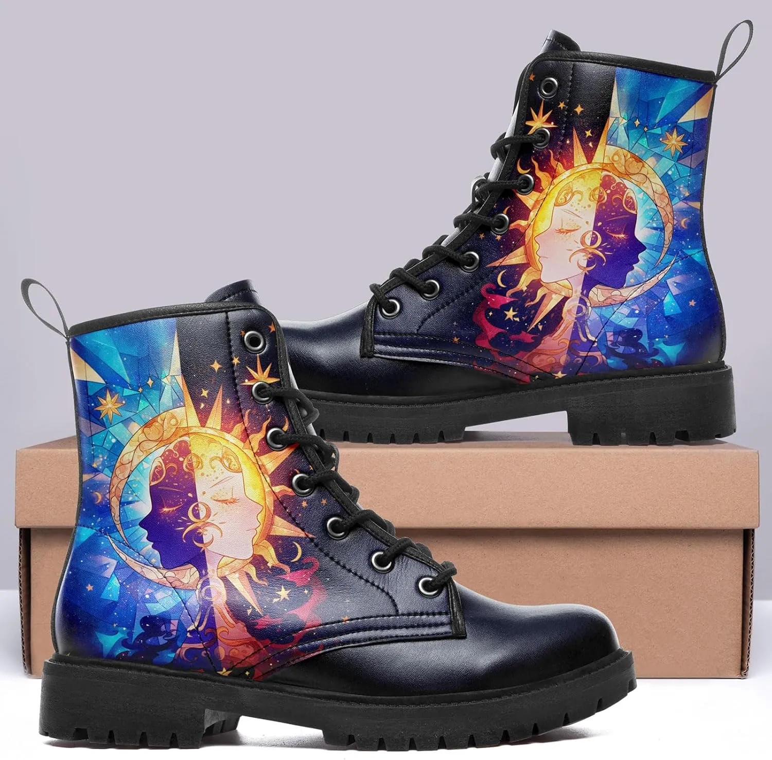 Sun and Moon Fashion Women's Ankle Boots Men's Platform Lace-up Leather Combat Booties Gift Winter Fall Dress Boots