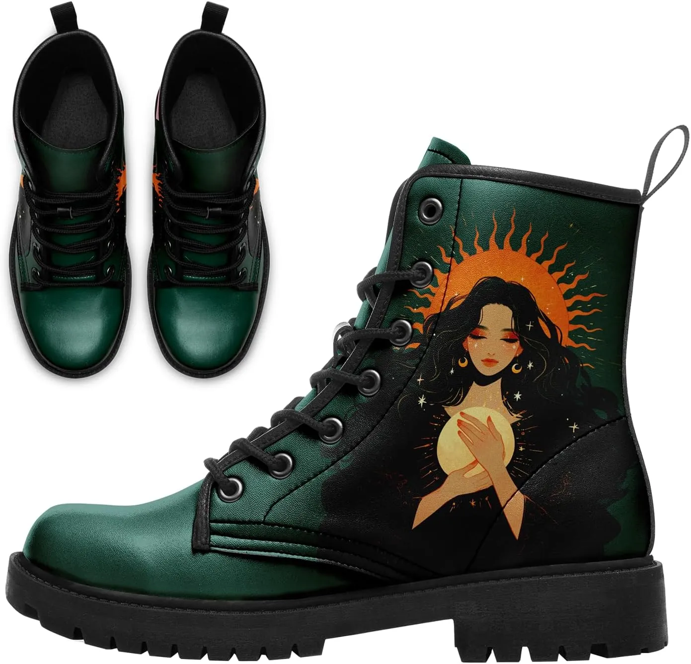 Sun and Moon Fashion Women's Ankle Boots Men's Platform Lace-up Leather Combat Booties Gift Winter Fall Dress Boots