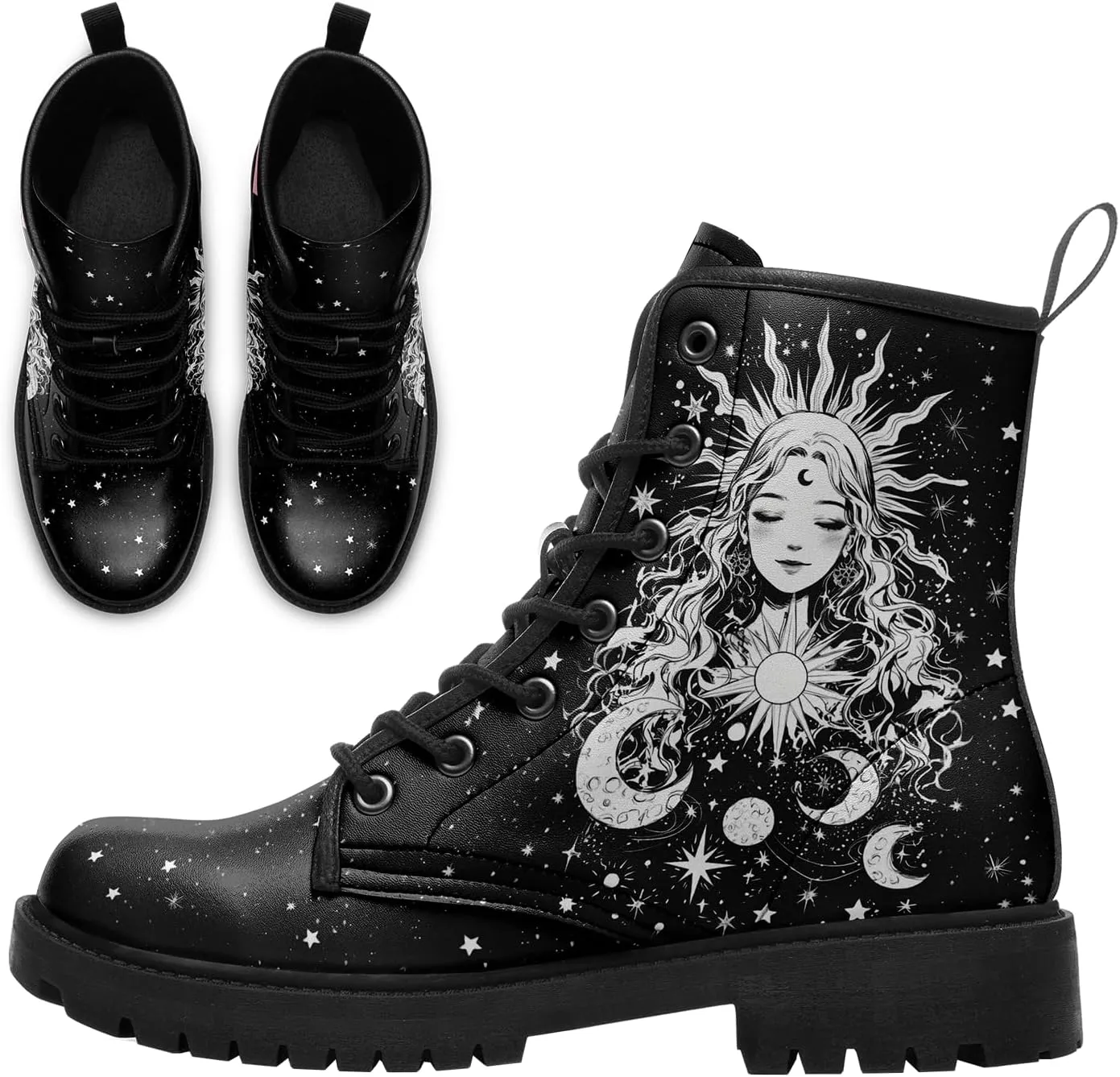 Sun and Moon Fashion Women's Ankle Boots Men's Platform Lace-up Leather Combat Booties Gift Winter Fall Dress Boots