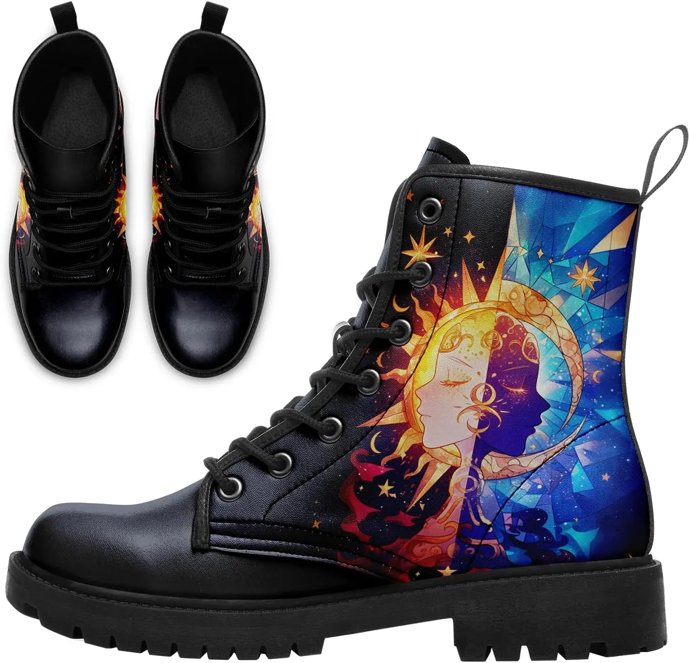 Sun and Moon Fashion Women's Ankle Boots Men's Platform Lace-up Leather Combat Booties Gift Winter Fall Dress Boots