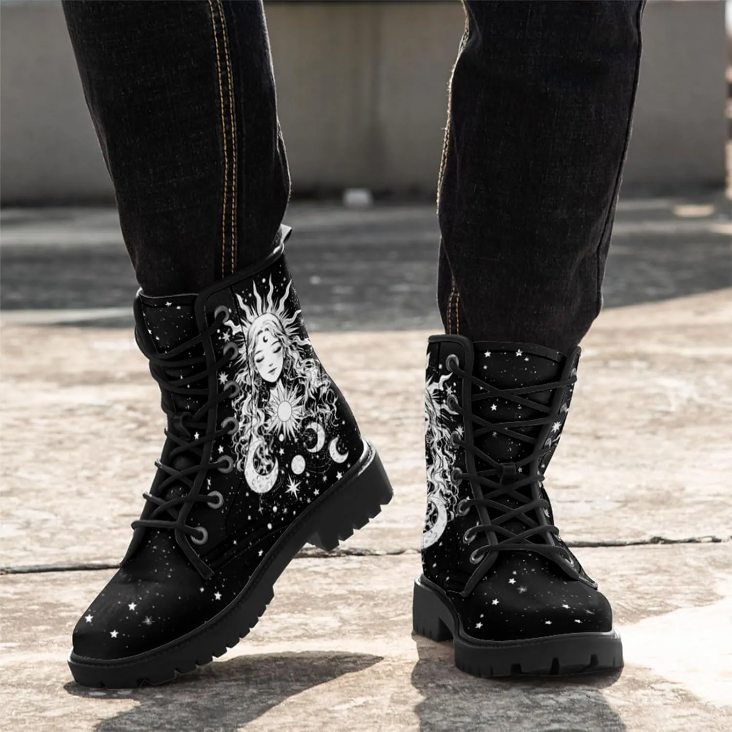 Sun and Moon Fashion Women's Ankle Boots Men's Platform Lace-up Leather Combat Booties Gift Winter Fall Dress Boots