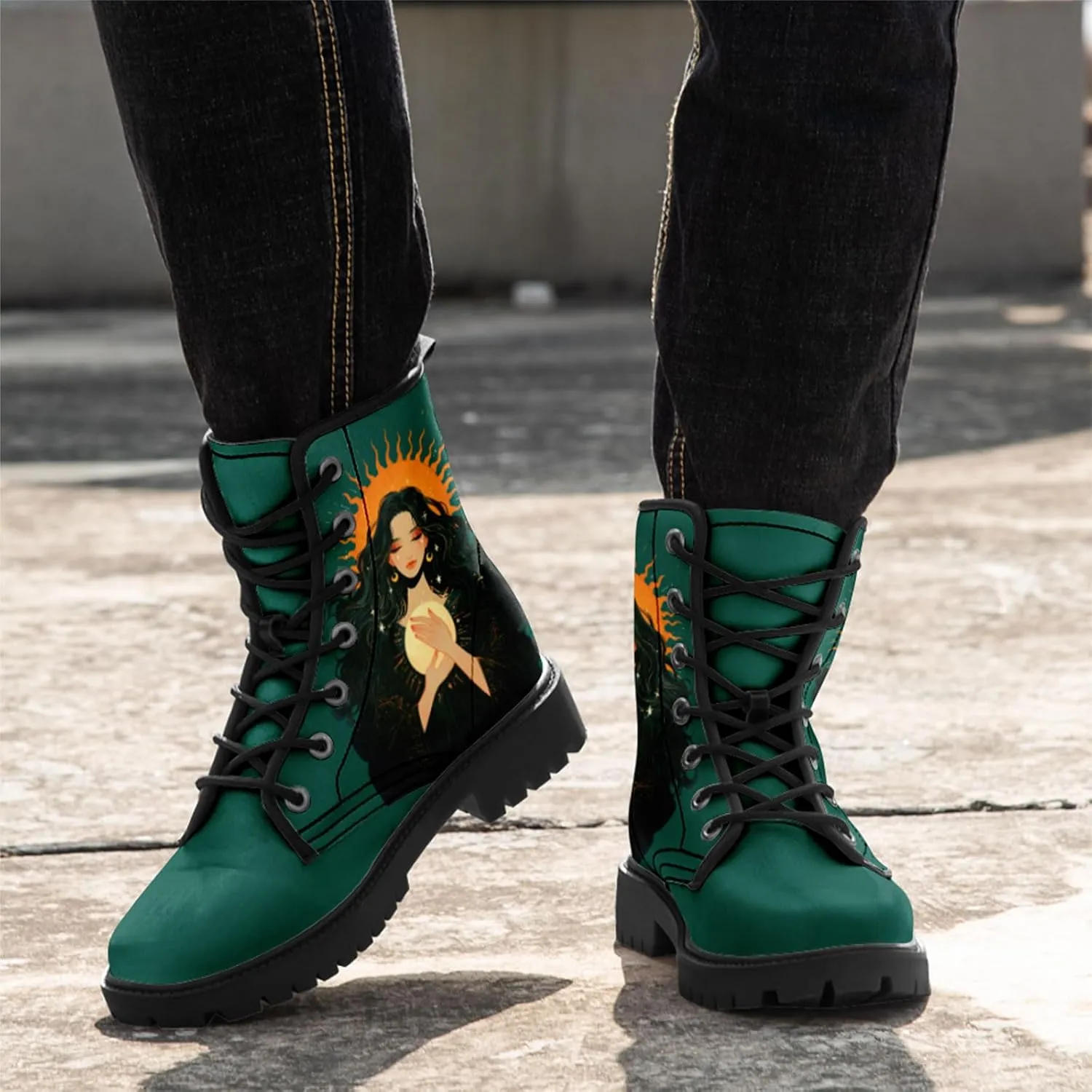 Sun and Moon Fashion Women's Ankle Boots Men's Platform Lace-up Leather Combat Booties Gift Winter Fall Dress Boots