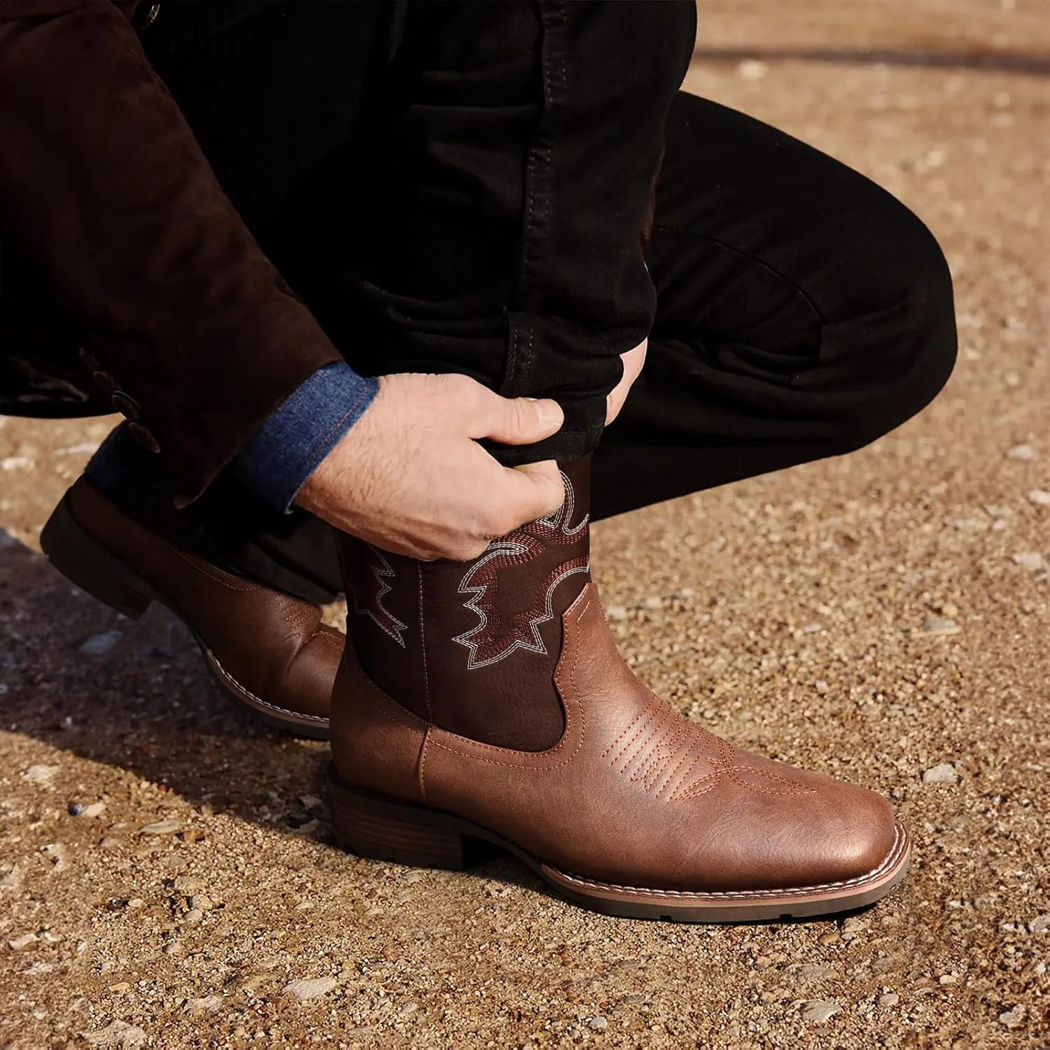Suokdil Cowboy Boots for Men - Men's Western Boots with Embroidery, Slip Resistant Square Toe Chunky Heel, Durable and Fashionable Retro Classic Footwear for Spring and Fall