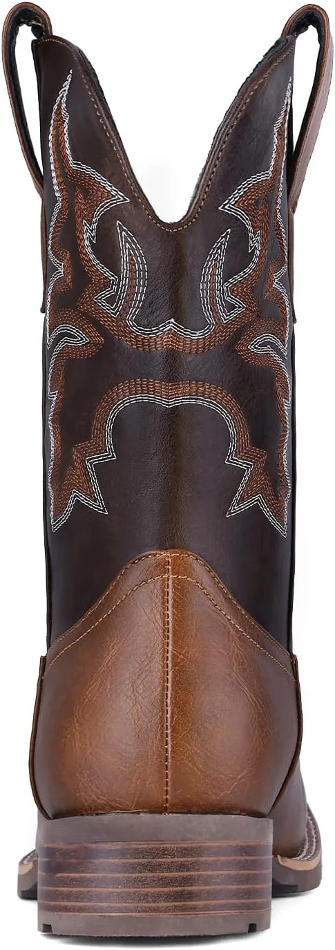 Suokdil Cowboy Boots for Men - Men's Western Boots with Embroidery, Slip Resistant Square Toe Chunky Heel, Durable and Fashionable Retro Classic Footwear for Spring and Fall