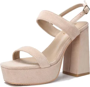 syztsho Platform Heels for Women Chunky High Heel Sandals Suede Ankle Strap Sexy Wedding Dress Pumps Square Toe Wedges Shoes
