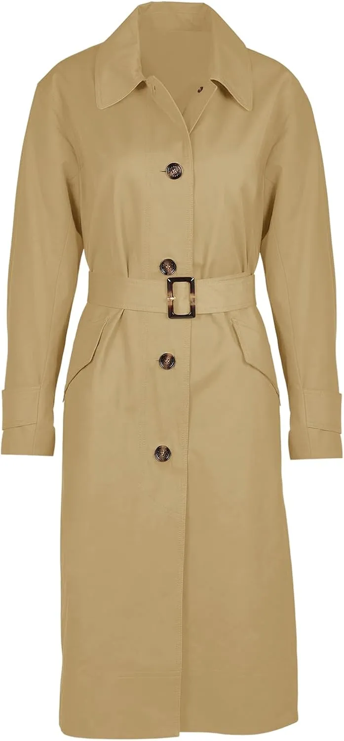 Tankaneo Womens Trench Coats Single Breasted Long Windproof Overcoat with Pockets and Belt