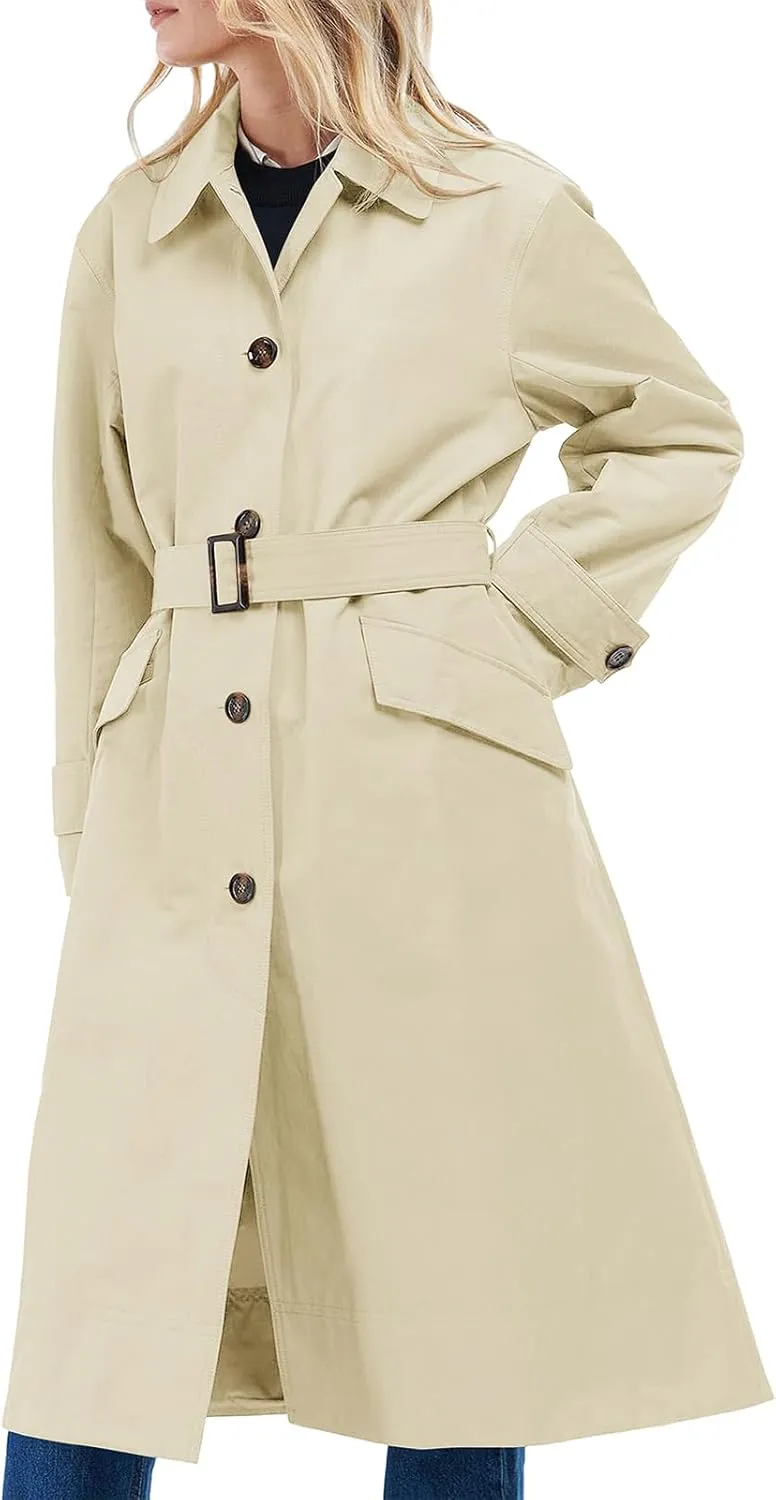 Tankaneo Womens Trench Coats Single Breasted Long Windproof Overcoat with Pockets and Belt