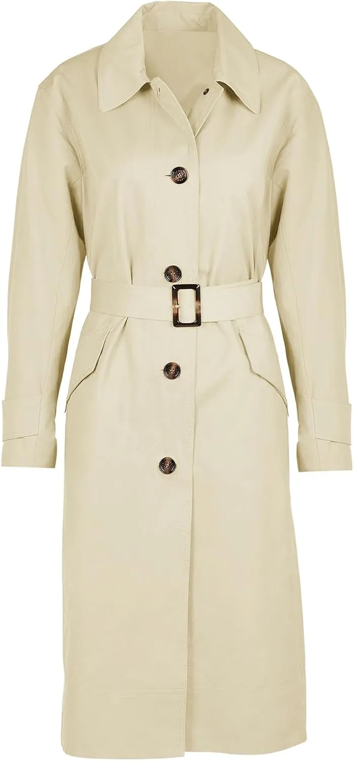 Tankaneo Womens Trench Coats Single Breasted Long Windproof Overcoat with Pockets and Belt