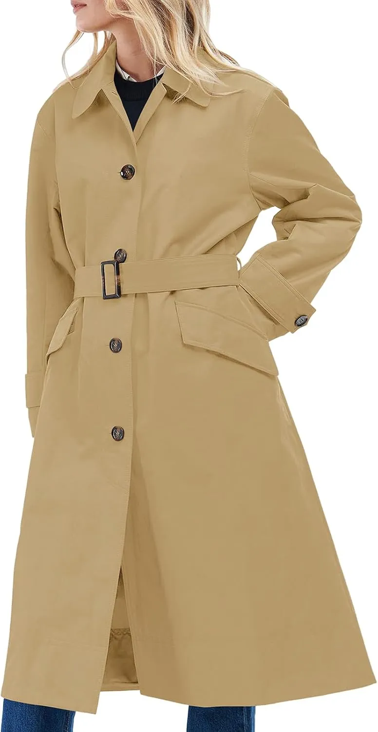Tankaneo Womens Trench Coats Single Breasted Long Windproof Overcoat with Pockets and Belt
