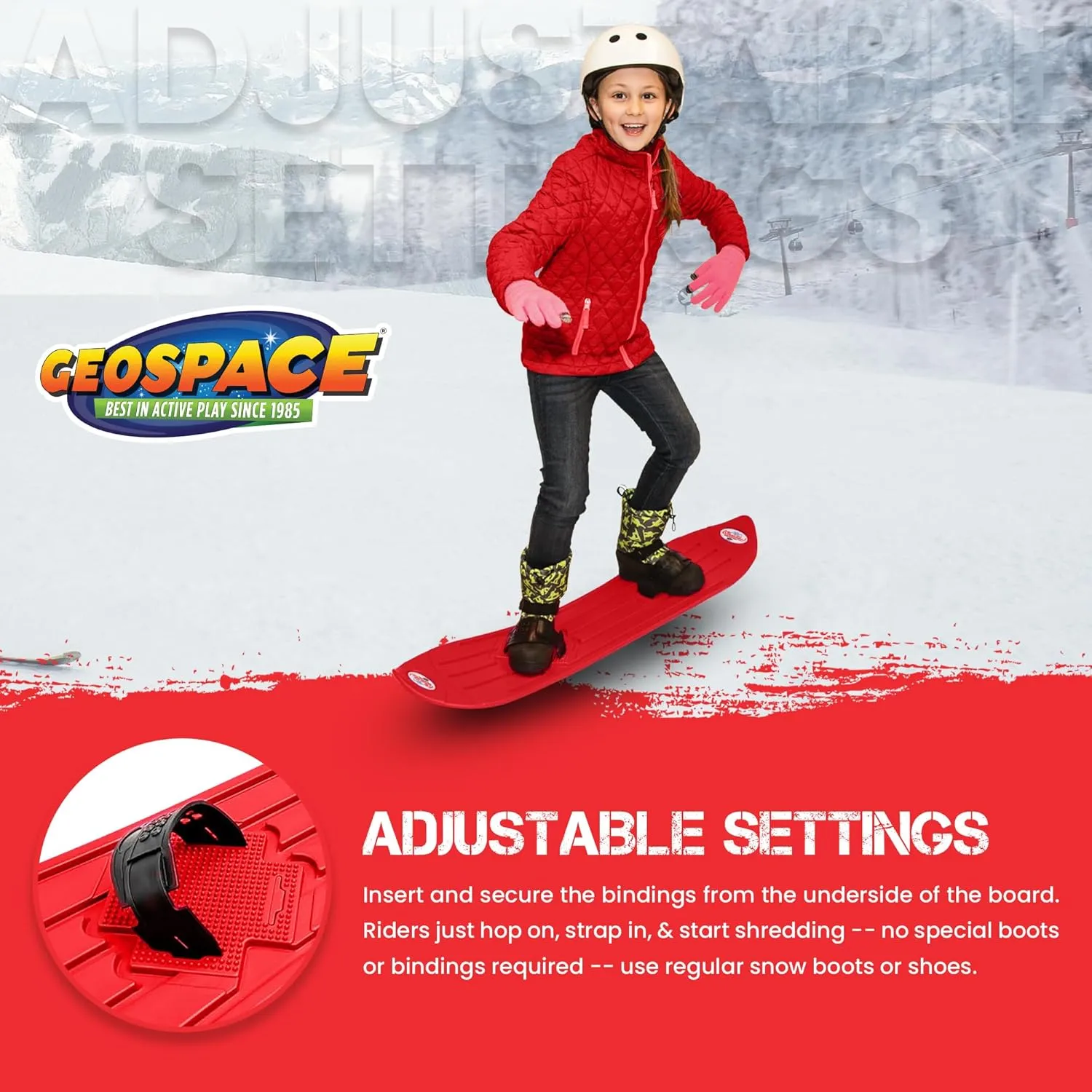 The Original Geospace Sledsterz Kids Beginner Snowboard for Winter Fun on Snow, with Adjustable Step-in Bindings; for Kids Between 4 to 12 Years Old