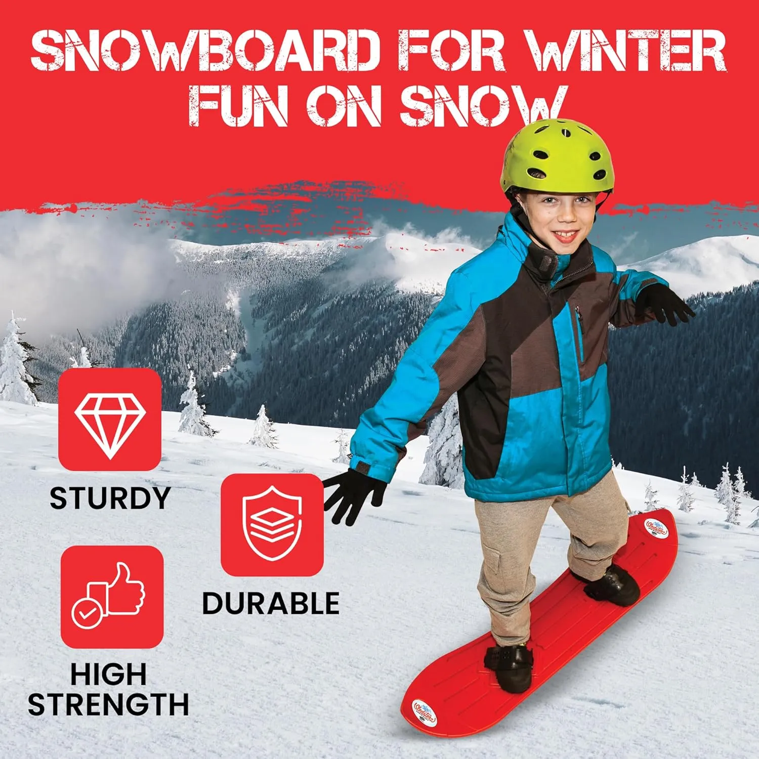 The Original Geospace Sledsterz Kids Beginner Snowboard for Winter Fun on Snow, with Adjustable Step-in Bindings; for Kids Between 4 to 12 Years Old