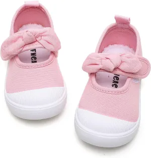 Toddler Girl's Canvas Sneakers Bowknot Mary Jane Flat Shoes for Kids School Uniform Shoes Dress Shoes…