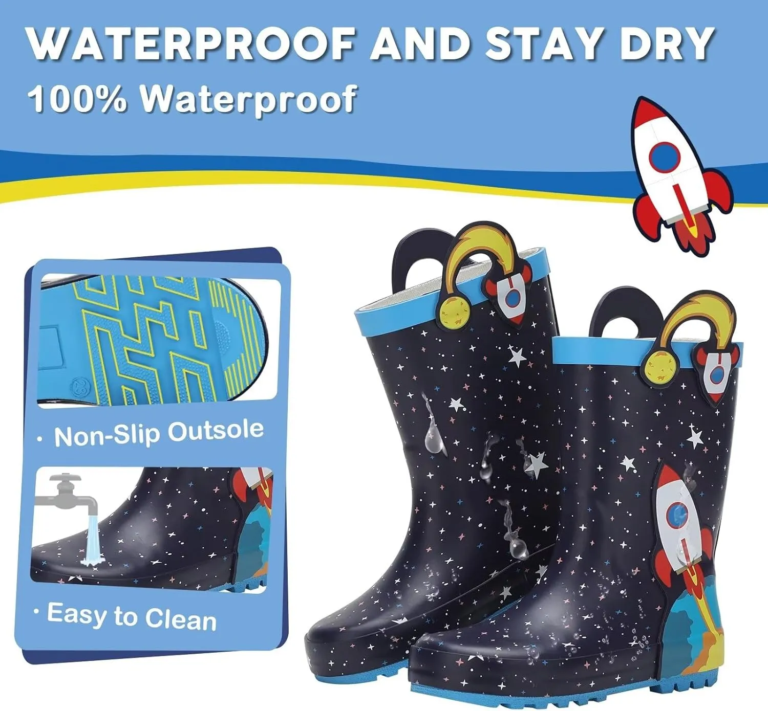 Toddler Rain Boots Kids Waterproof Rubber Boots for Boys and Girls with Handles in Fun Pattern
