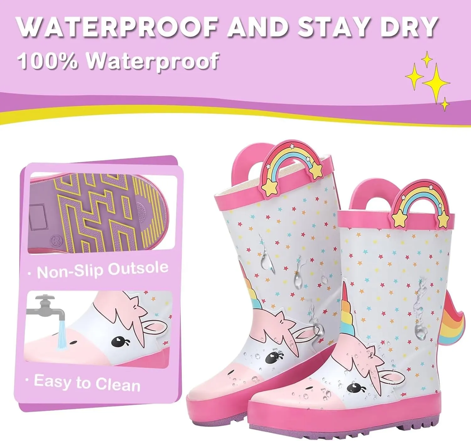 Toddler Rain Boots Kids Waterproof Rubber Boots for Boys and Girls with Handles in Fun Pattern