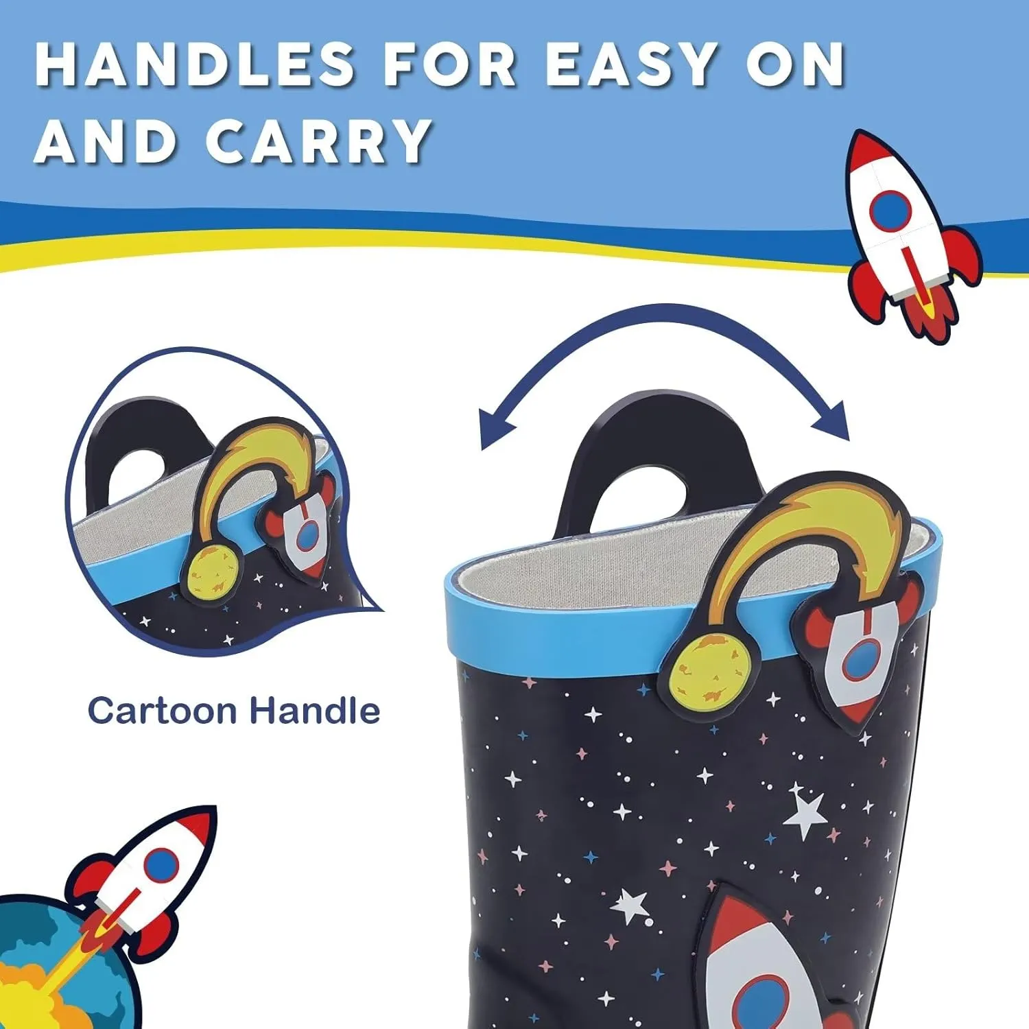 Toddler Rain Boots Kids Waterproof Rubber Boots for Boys and Girls with Handles in Fun Pattern