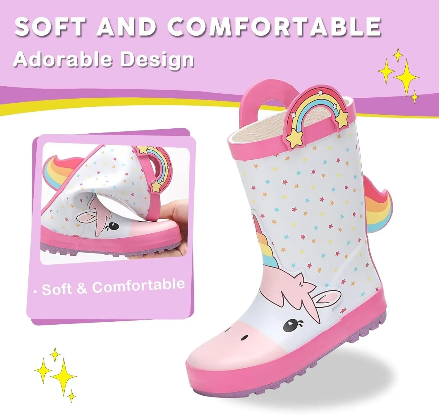 Toddler Rain Boots Kids Waterproof Rubber Boots for Boys and Girls with Handles in Fun Pattern