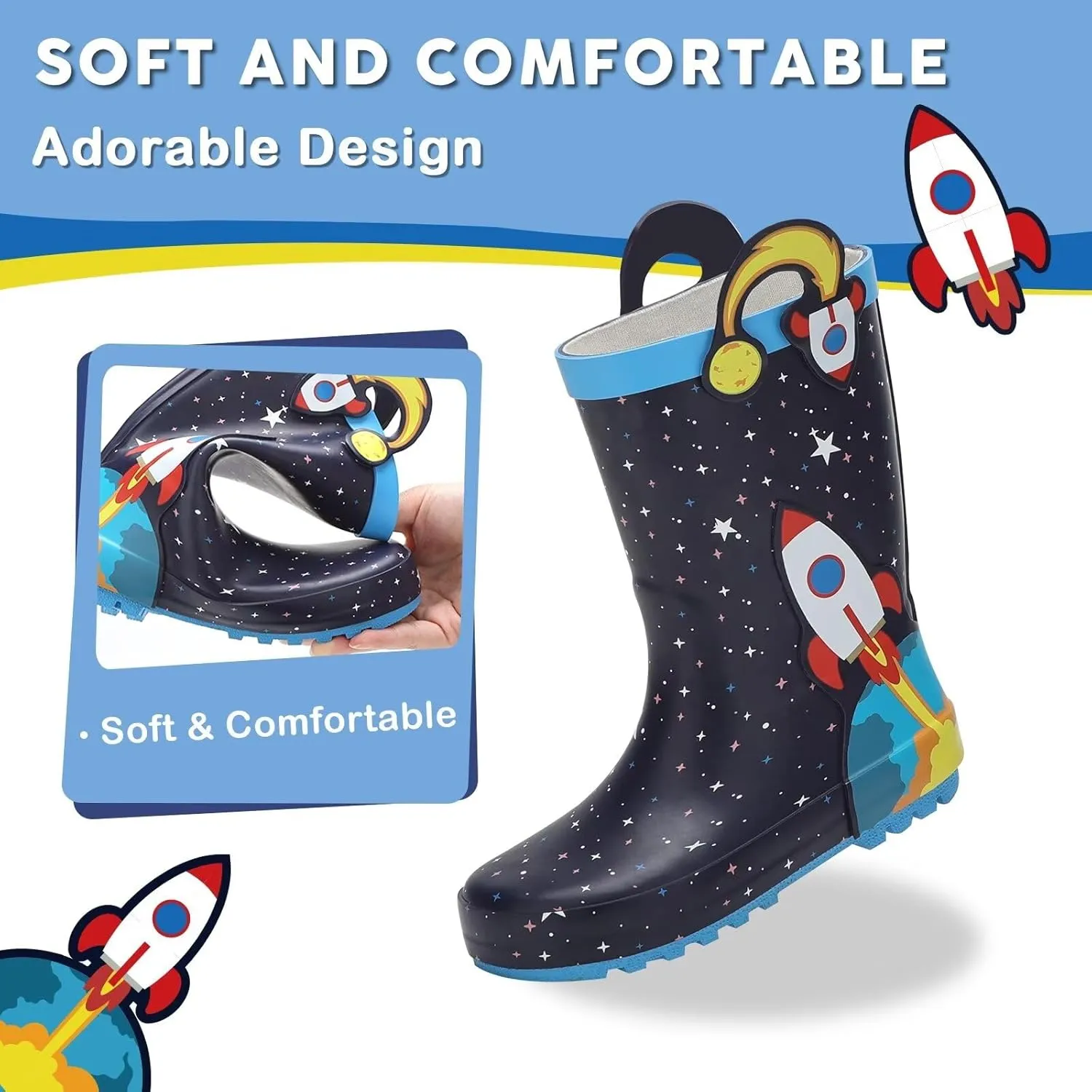 Toddler Rain Boots Kids Waterproof Rubber Boots for Boys and Girls with Handles in Fun Pattern