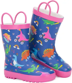 Toddler Rain Boots Kids Waterproof Rubber Boots for Boys and Girls with Handles in Fun Pattern