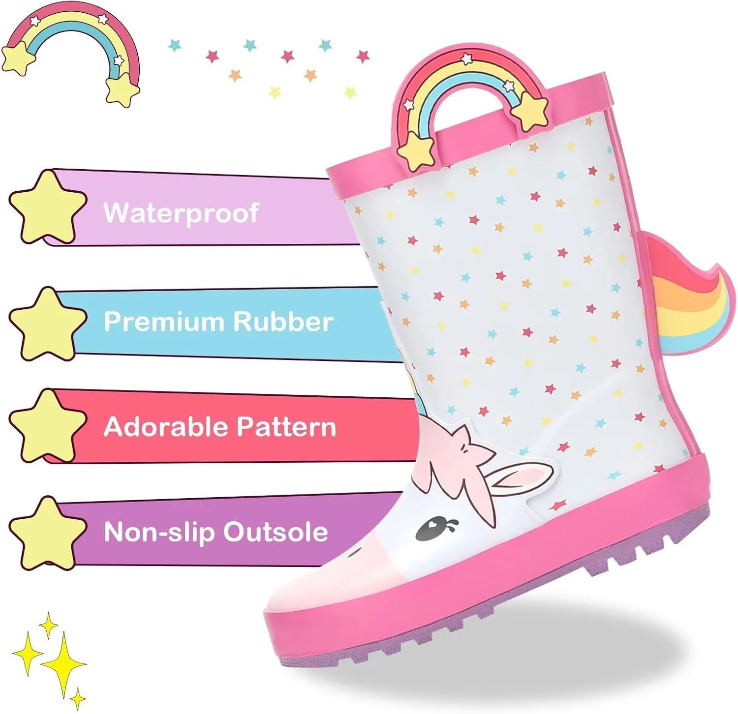 Toddler Rain Boots Kids Waterproof Rubber Boots for Boys and Girls with Handles in Fun Pattern