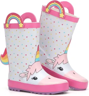 Toddler Rain Boots Kids Waterproof Rubber Boots for Boys and Girls with Handles in Fun Pattern
