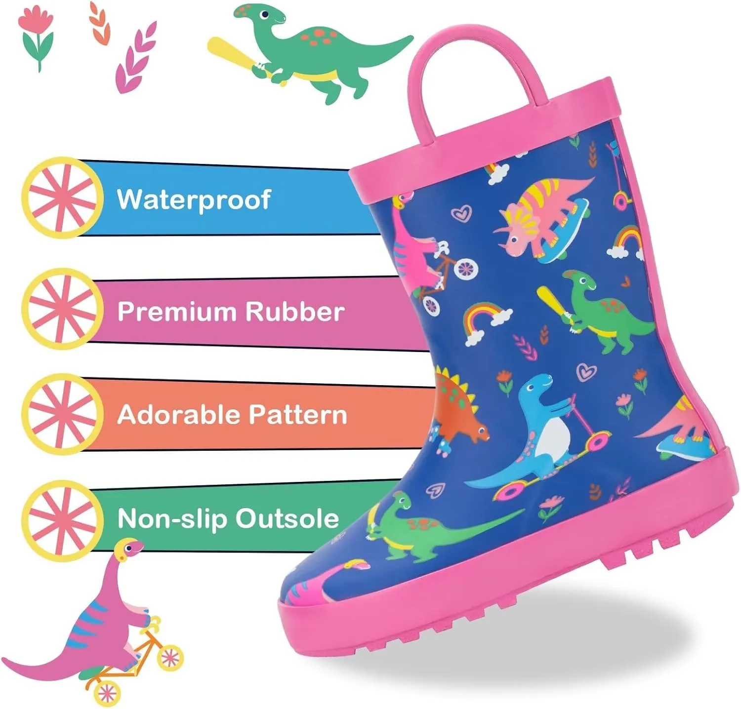 Toddler Rain Boots Kids Waterproof Rubber Boots for Boys and Girls with Handles in Fun Pattern
