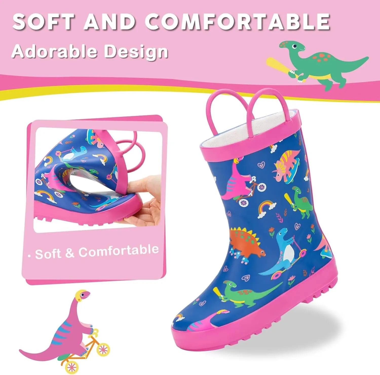 Toddler Rain Boots Kids Waterproof Rubber Boots for Boys and Girls with Handles in Fun Pattern