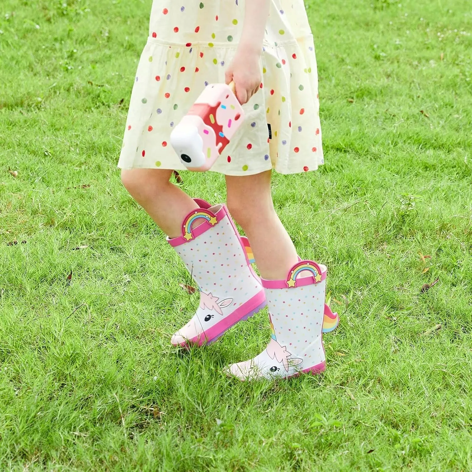 Toddler Rain Boots Kids Waterproof Rubber Boots for Boys and Girls with Handles in Fun Pattern