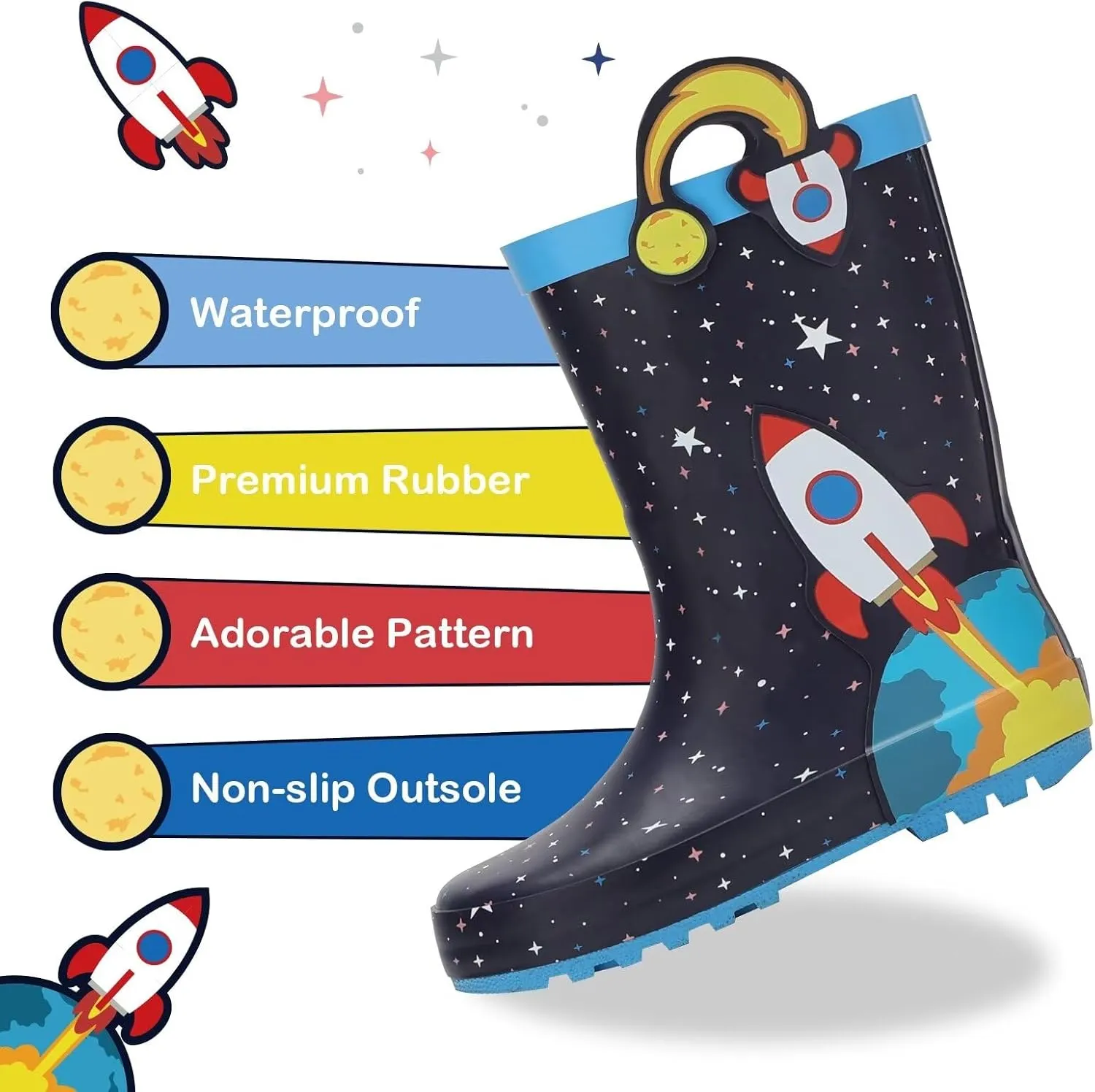Toddler Rain Boots Kids Waterproof Rubber Boots for Boys and Girls with Handles in Fun Pattern