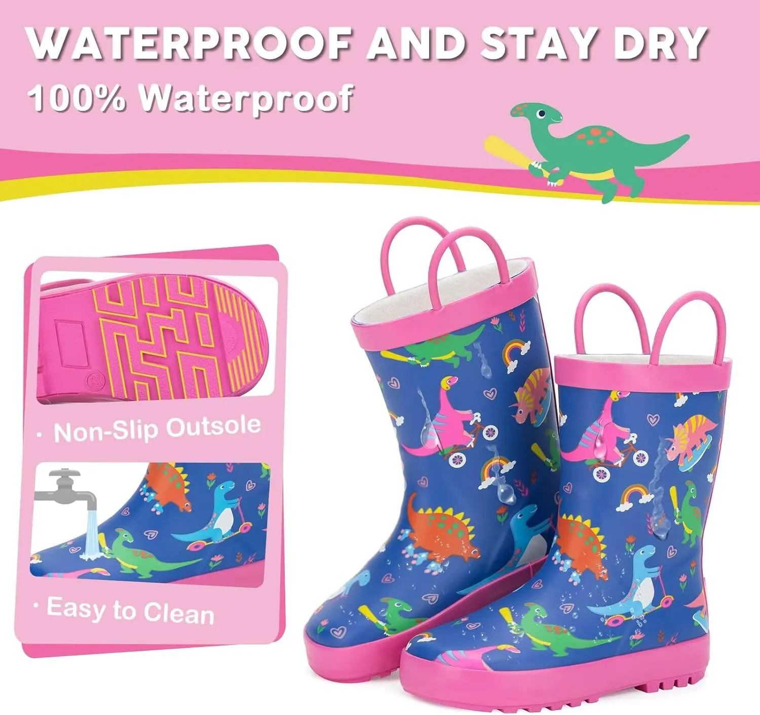 Toddler Rain Boots Kids Waterproof Rubber Boots for Boys and Girls with Handles in Fun Pattern