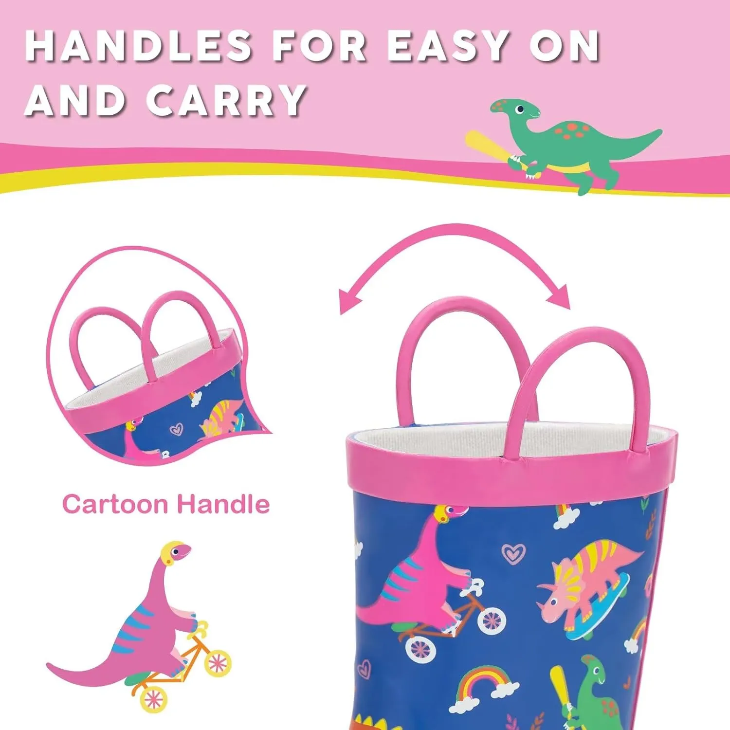 Toddler Rain Boots Kids Waterproof Rubber Boots for Boys and Girls with Handles in Fun Pattern