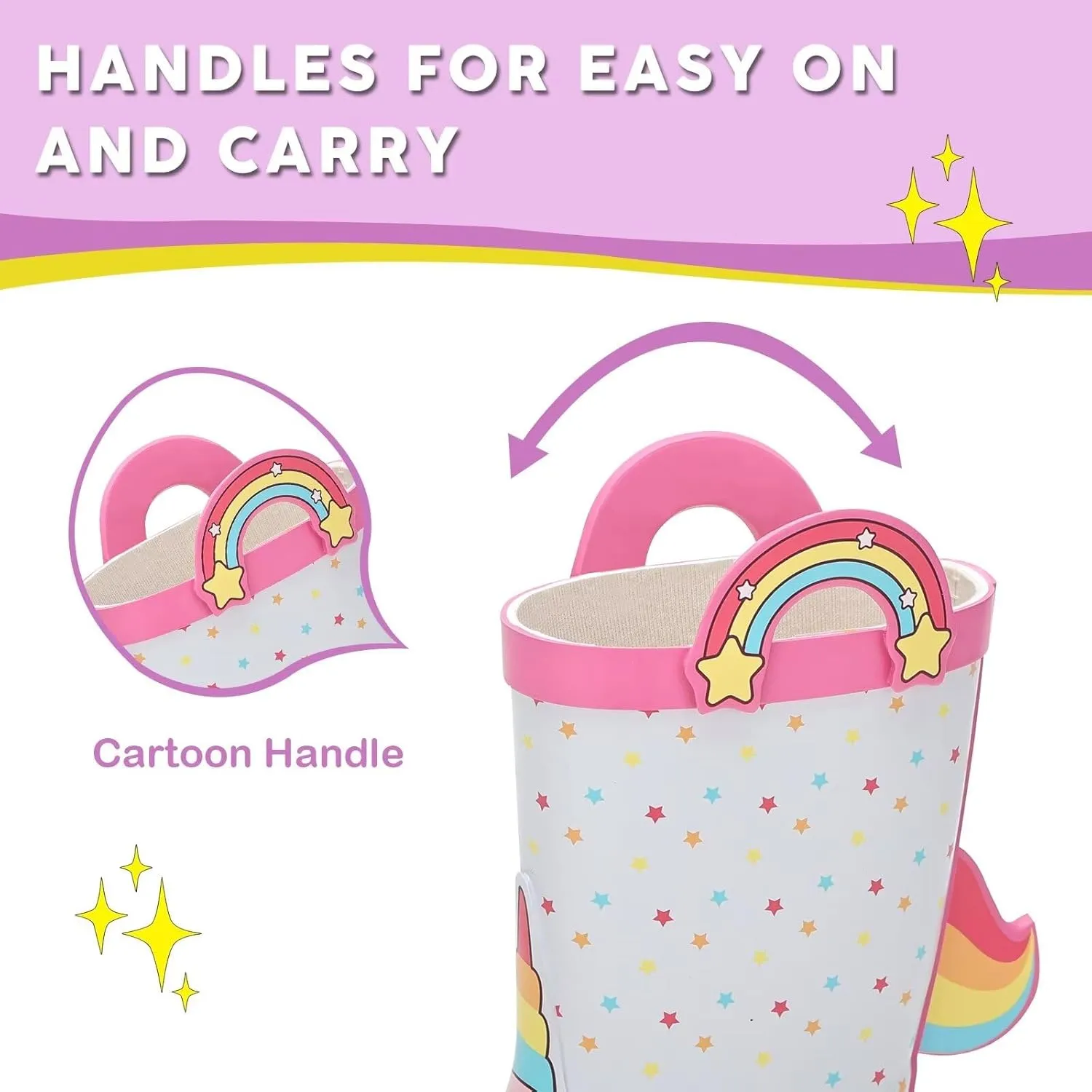 Toddler Rain Boots Kids Waterproof Rubber Boots for Boys and Girls with Handles in Fun Pattern