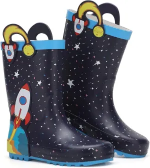 Toddler Rain Boots Kids Waterproof Rubber Boots for Boys and Girls with Handles in Fun Pattern