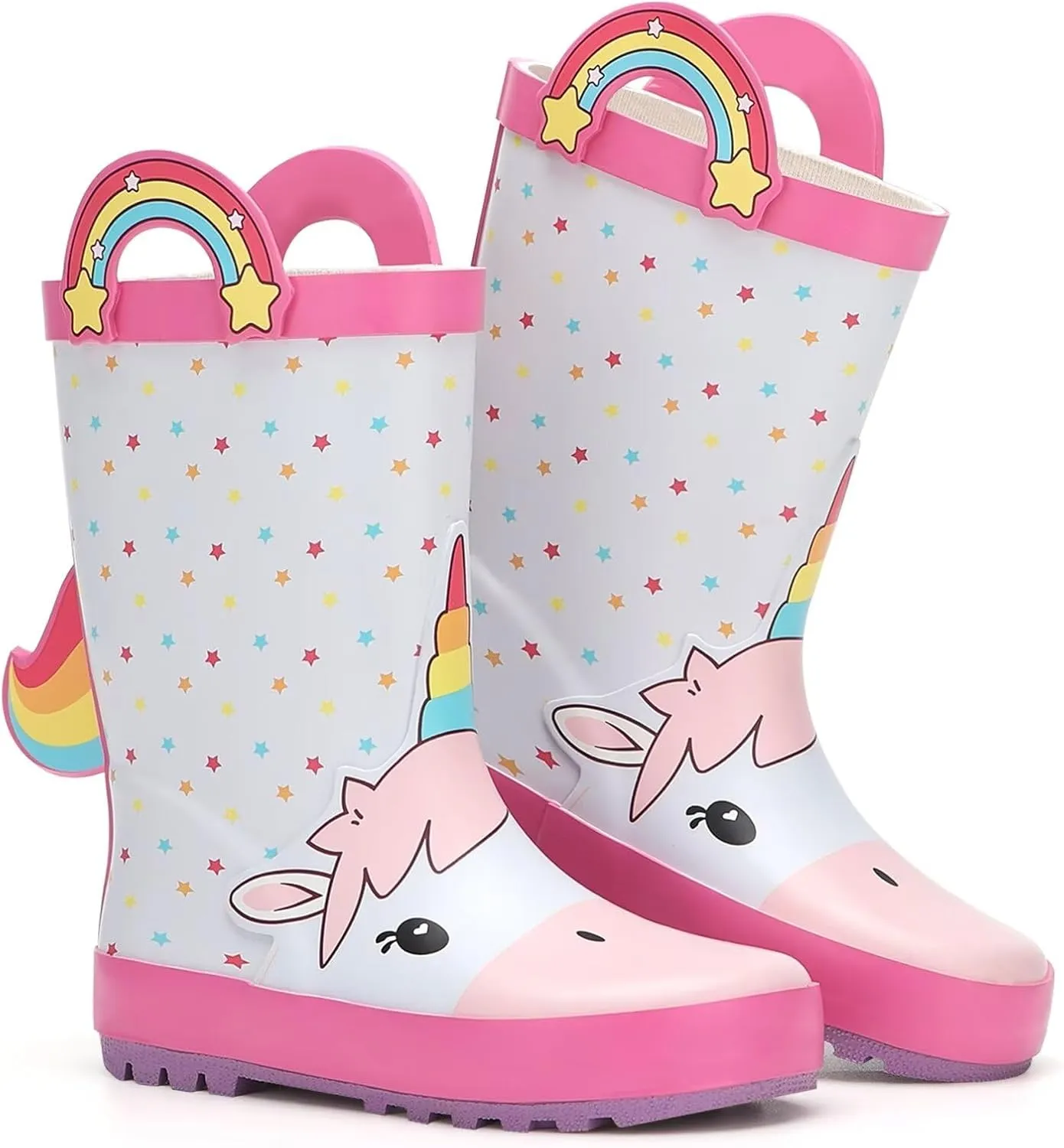 Toddler Rain Boots Kids Waterproof Rubber Boots for Boys and Girls with Handles in Fun Pattern