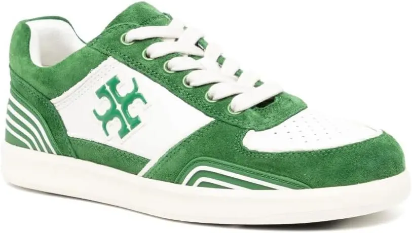 Tory Burch Women's White Mossy Green Clover Court Leather Suede Lace Up Sneakers