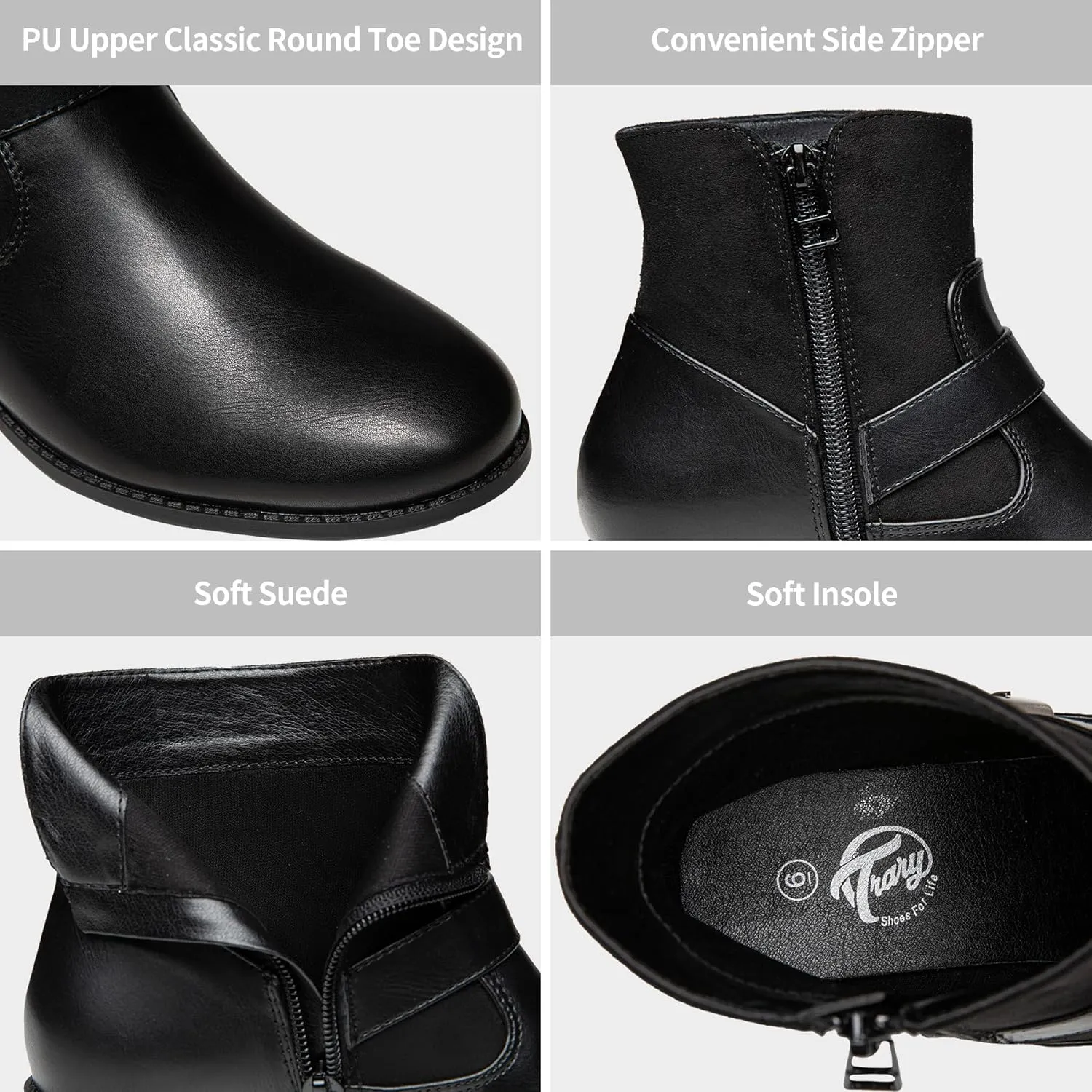 Trary Ankle Boots for Women Round Toe Low Heel Womens Ankle Boots Side Zipper Booties Winter with Buckle,with Fleece Linning