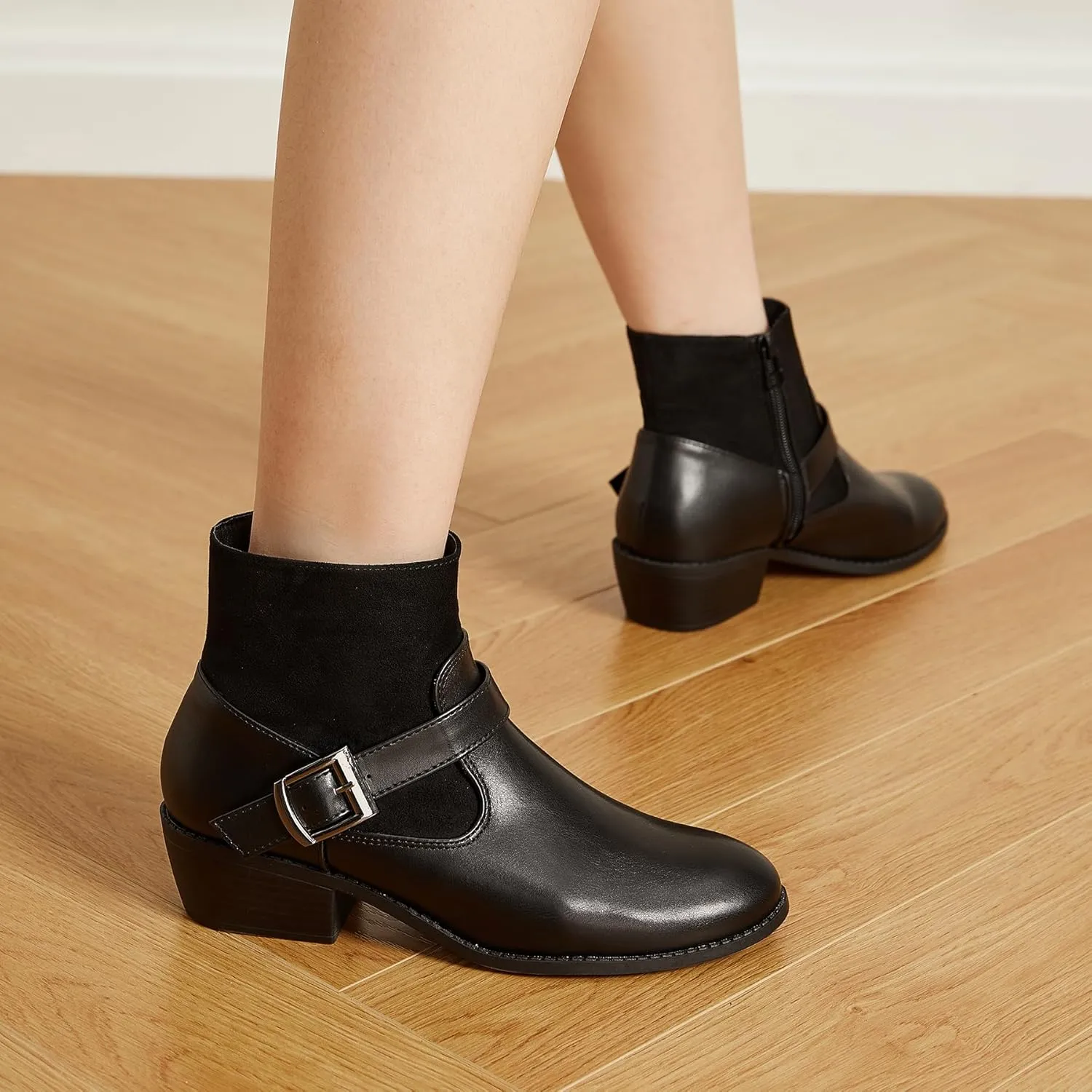 Trary Ankle Boots for Women Round Toe Low Heel Womens Ankle Boots Side Zipper Booties Winter with Buckle,with Fleece Linning