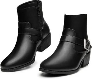 Trary Ankle Boots for Women Round Toe Low Heel Womens Ankle Boots Side Zipper Booties Winter with Buckle,with Fleece Linning