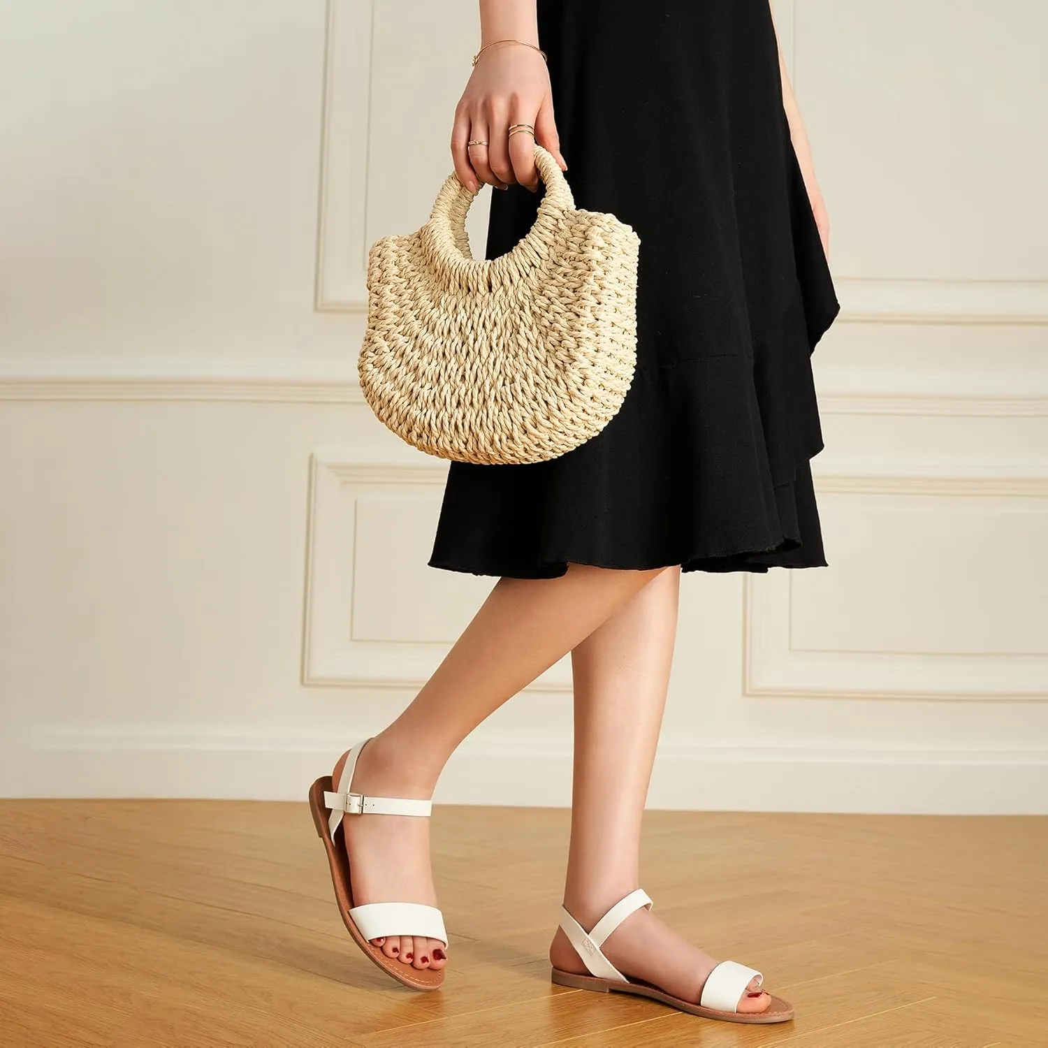 Trary Sandals for Women Dressy Summer, Leather Flat Sandals for Women Ankle Strap Gladiator Sandals Cute Open Toe Two Tone Sandals Adjustable Buckle Sandals Comfortable Wedding Sandals for Women