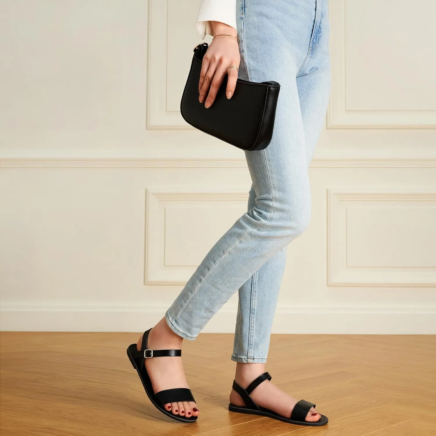 Trary Sandals for Women Dressy Summer, Leather Flat Sandals for Women Ankle Strap Gladiator Sandals Cute Open Toe Two Tone Sandals Adjustable Buckle Sandals Comfortable Wedding Sandals for Women