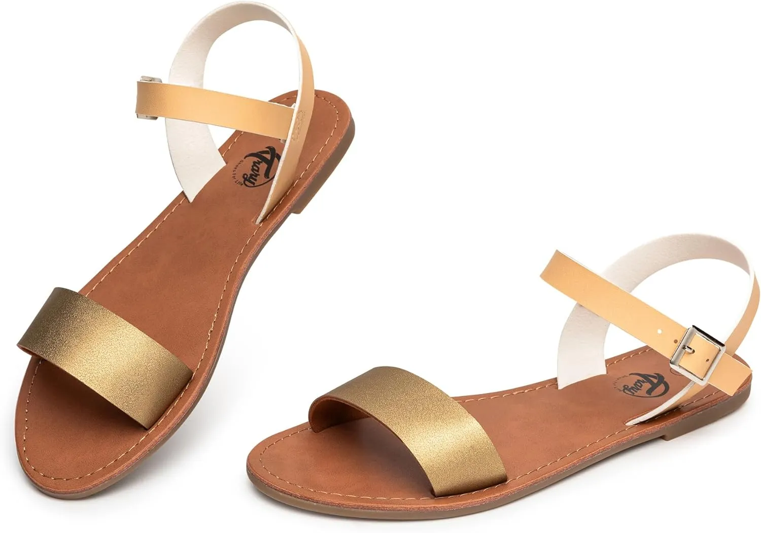 Trary Sandals for Women Dressy Summer, Leather Flat Sandals for Women Ankle Strap Gladiator Sandals Cute Open Toe Two Tone Sandals Adjustable Buckle Sandals Comfortable Wedding Sandals for Women