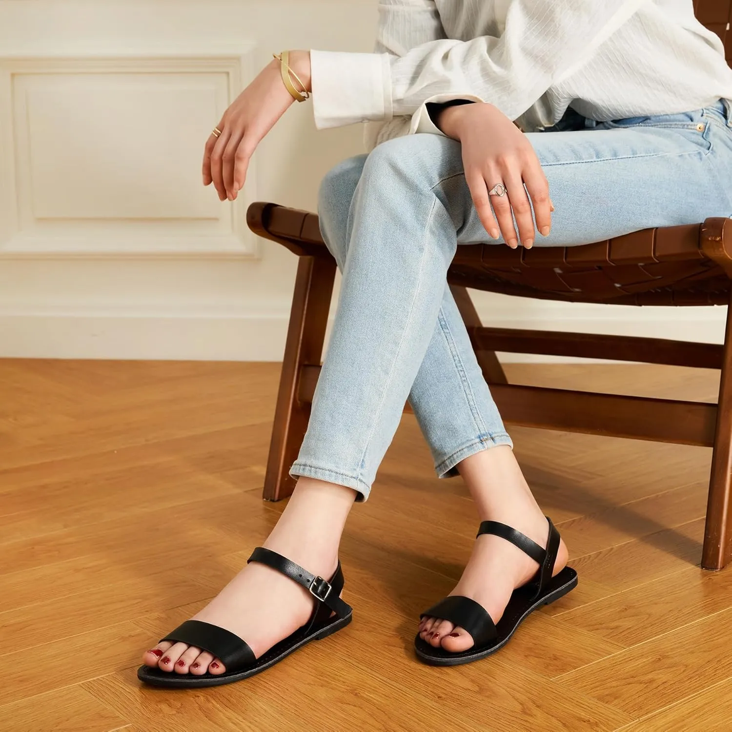 Trary Sandals for Women Dressy Summer, Leather Flat Sandals for Women Ankle Strap Gladiator Sandals Cute Open Toe Two Tone Sandals Adjustable Buckle Sandals Comfortable Wedding Sandals for Women