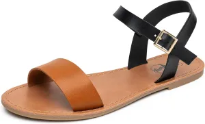 Trary Sandals for Women Dressy Summer, Leather Flat Sandals for Women Ankle Strap Gladiator Sandals Cute Open Toe Two Tone Sandals Adjustable Buckle Sandals Comfortable Wedding Sandals for Women