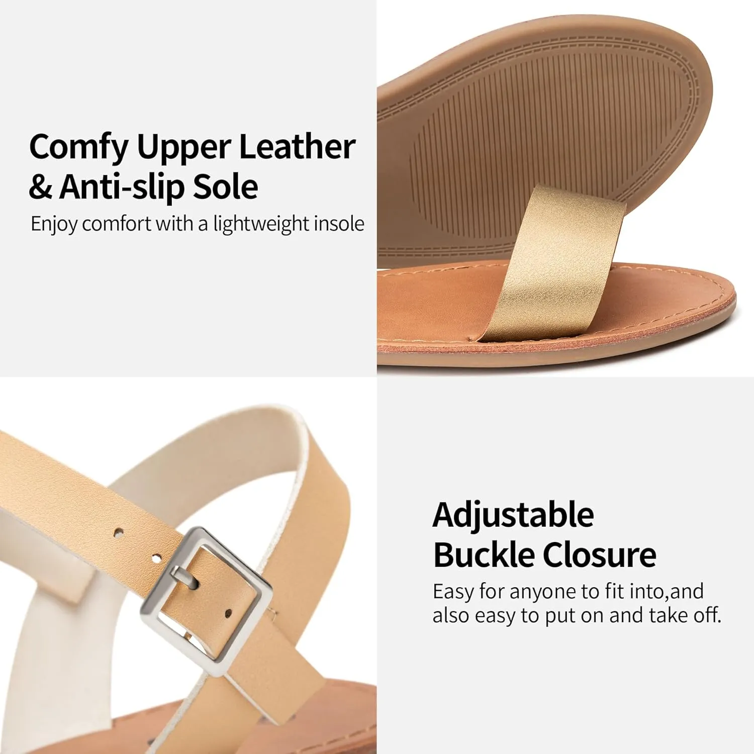 Trary Sandals for Women Dressy Summer, Leather Flat Sandals for Women Ankle Strap Gladiator Sandals Cute Open Toe Two Tone Sandals Adjustable Buckle Sandals Comfortable Wedding Sandals for Women