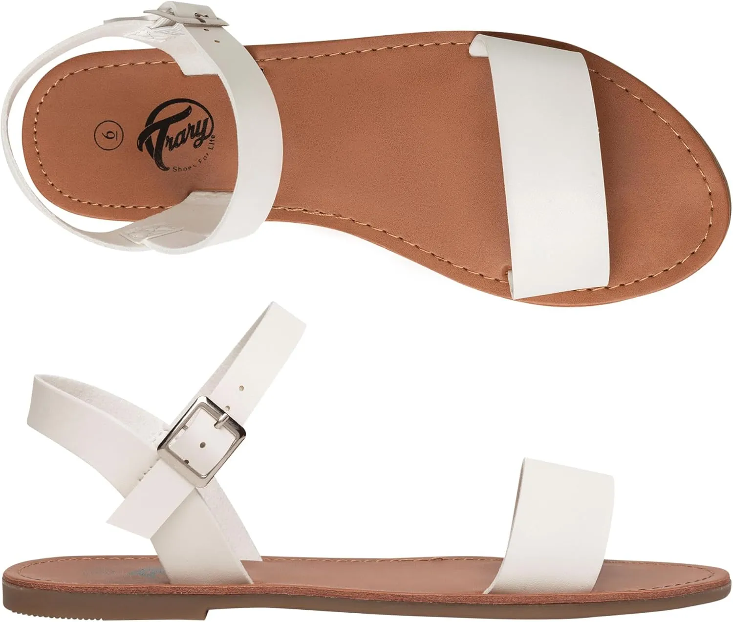 Trary Sandals for Women Dressy Summer, Leather Flat Sandals for Women Ankle Strap Gladiator Sandals Cute Open Toe Two Tone Sandals Adjustable Buckle Sandals Comfortable Wedding Sandals for Women