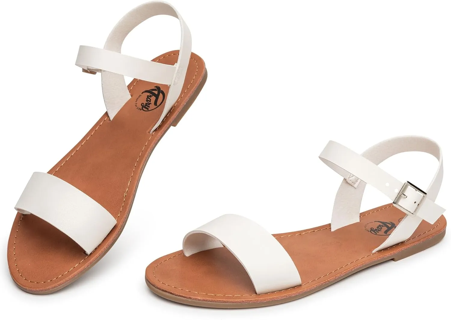 Trary Sandals for Women Dressy Summer, Leather Flat Sandals for Women Ankle Strap Gladiator Sandals Cute Open Toe Two Tone Sandals Adjustable Buckle Sandals Comfortable Wedding Sandals for Women