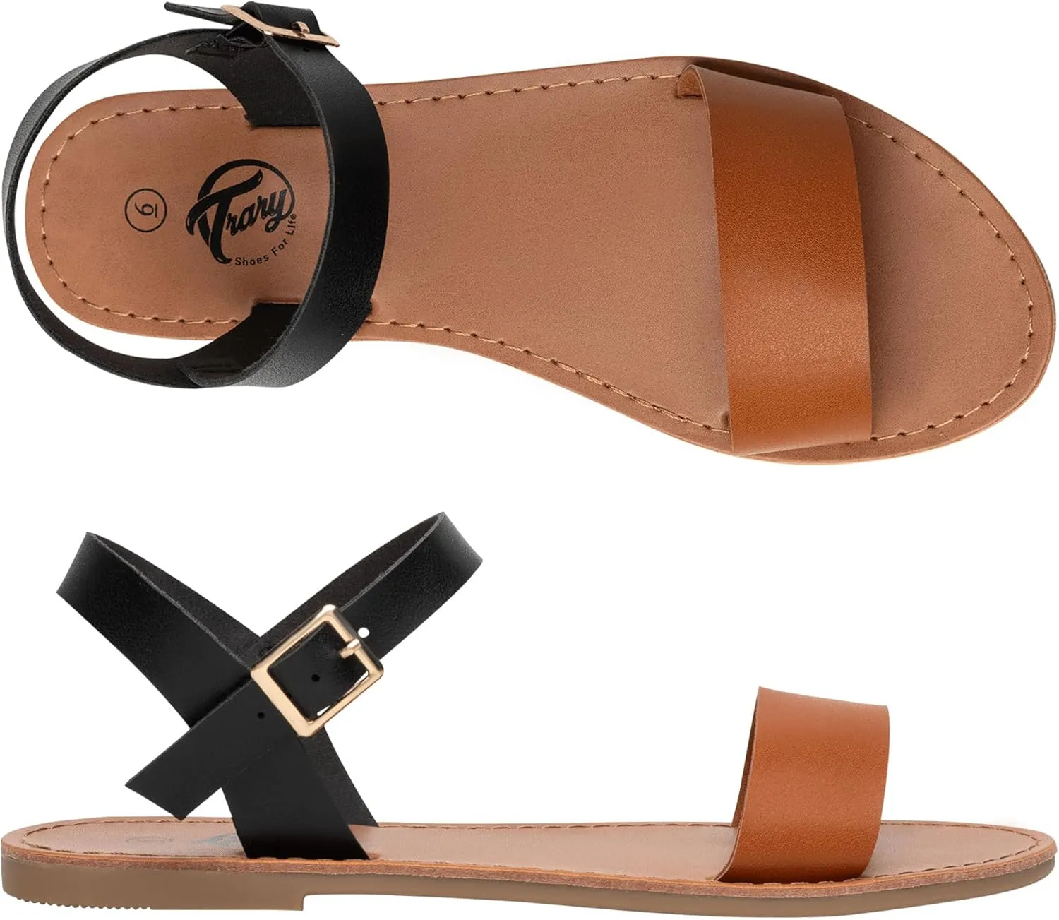 Trary Sandals for Women Dressy Summer, Leather Flat Sandals for Women Ankle Strap Gladiator Sandals Cute Open Toe Two Tone Sandals Adjustable Buckle Sandals Comfortable Wedding Sandals for Women
