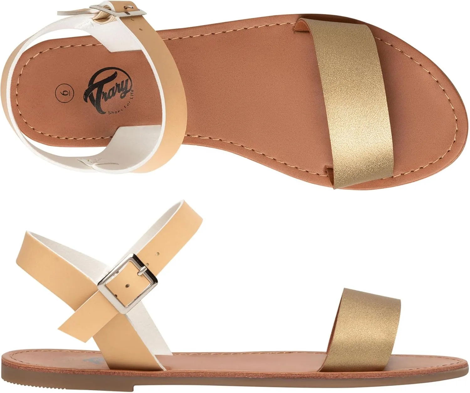 Trary Sandals for Women Dressy Summer, Leather Flat Sandals for Women Ankle Strap Gladiator Sandals Cute Open Toe Two Tone Sandals Adjustable Buckle Sandals Comfortable Wedding Sandals for Women