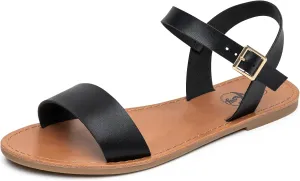 Trary Sandals for Women Dressy Summer, Leather Flat Sandals for Women Ankle Strap Gladiator Sandals Cute Open Toe Two Tone Sandals Adjustable Buckle Sandals Comfortable Wedding Sandals for Women