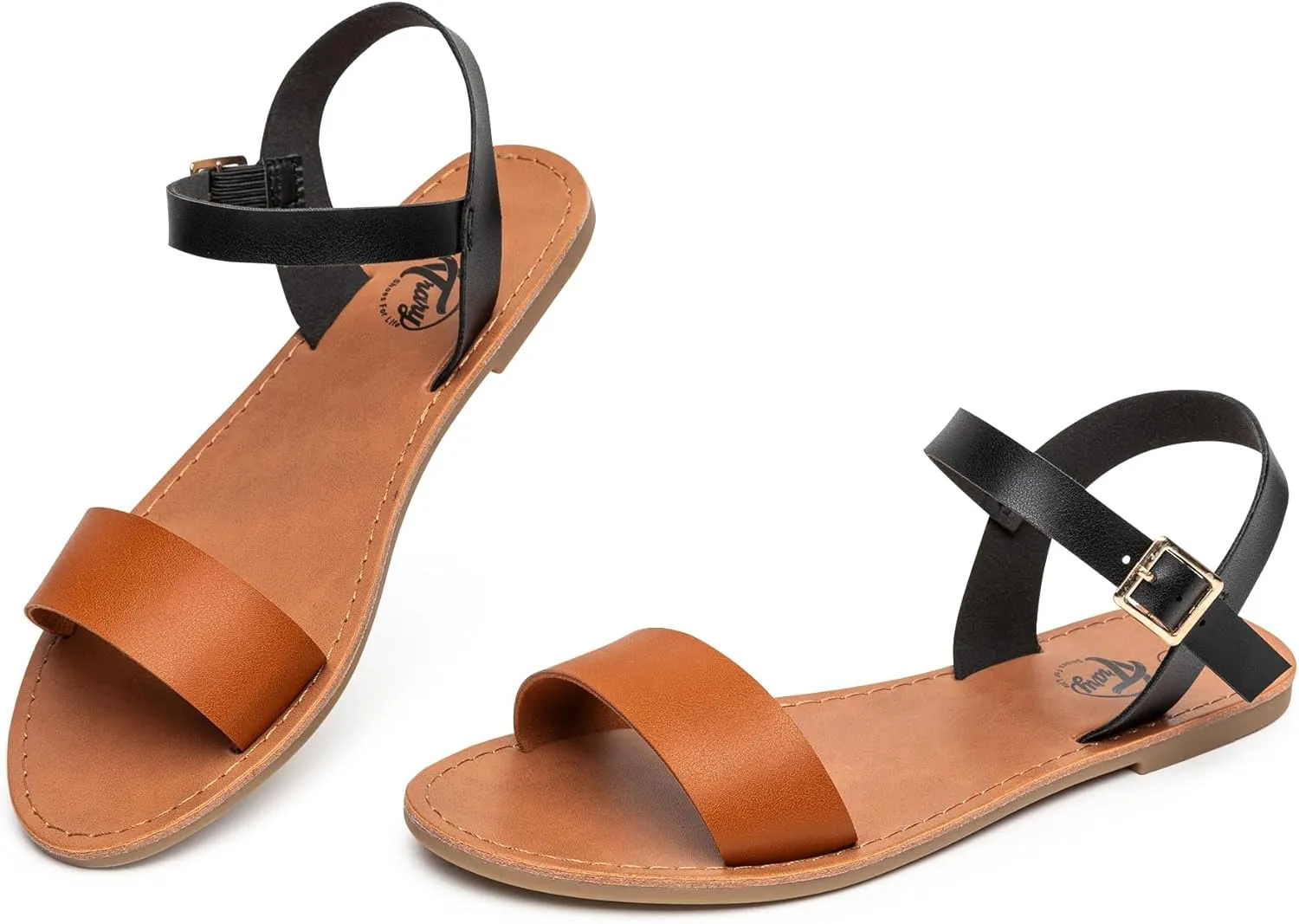 Trary Sandals for Women Dressy Summer, Leather Flat Sandals for Women Ankle Strap Gladiator Sandals Cute Open Toe Two Tone Sandals Adjustable Buckle Sandals Comfortable Wedding Sandals for Women
